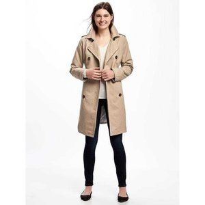 Old Navy Double Breasted Trench Pea Coat Jacket Tie Waist Clay Mate Stripe